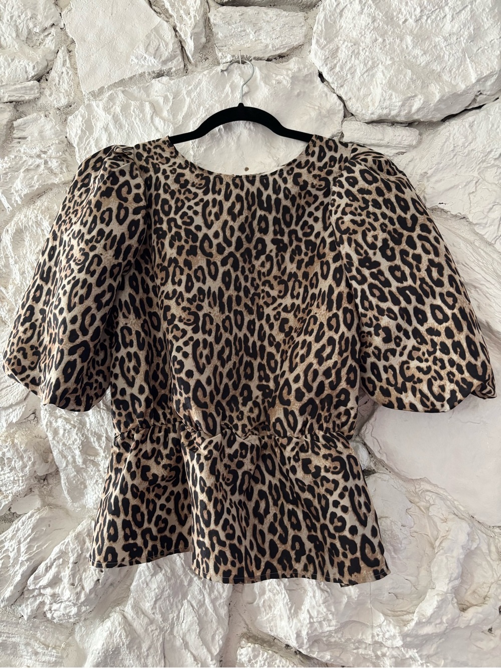 H&M Leopard Print Puff Sleeve Blouse in Tan and Black